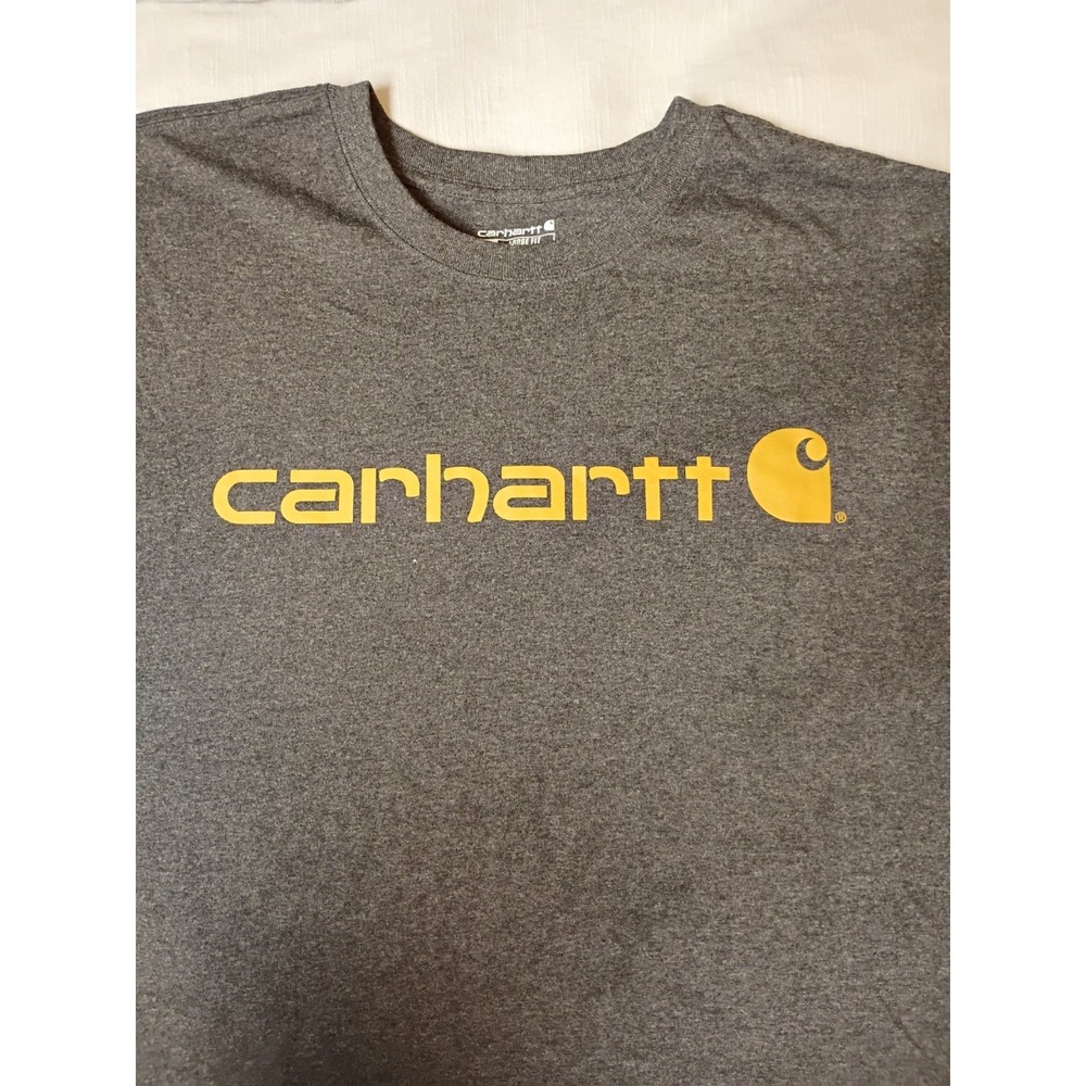 USED Carhartt K195 3XL Men Logo Graphic T-Shirt Loose Short Sleeve Grey Orange